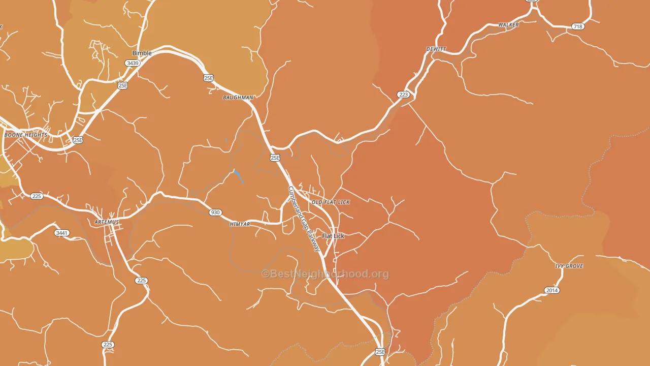 Map of the best neighborhoods in the Flat Lick area, with better matches in green and worse matches in red