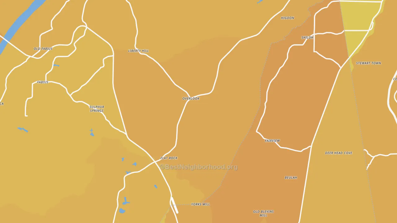 Map of the best neighborhoods in the Flat Rock area, with better matches in green and worse matches in red