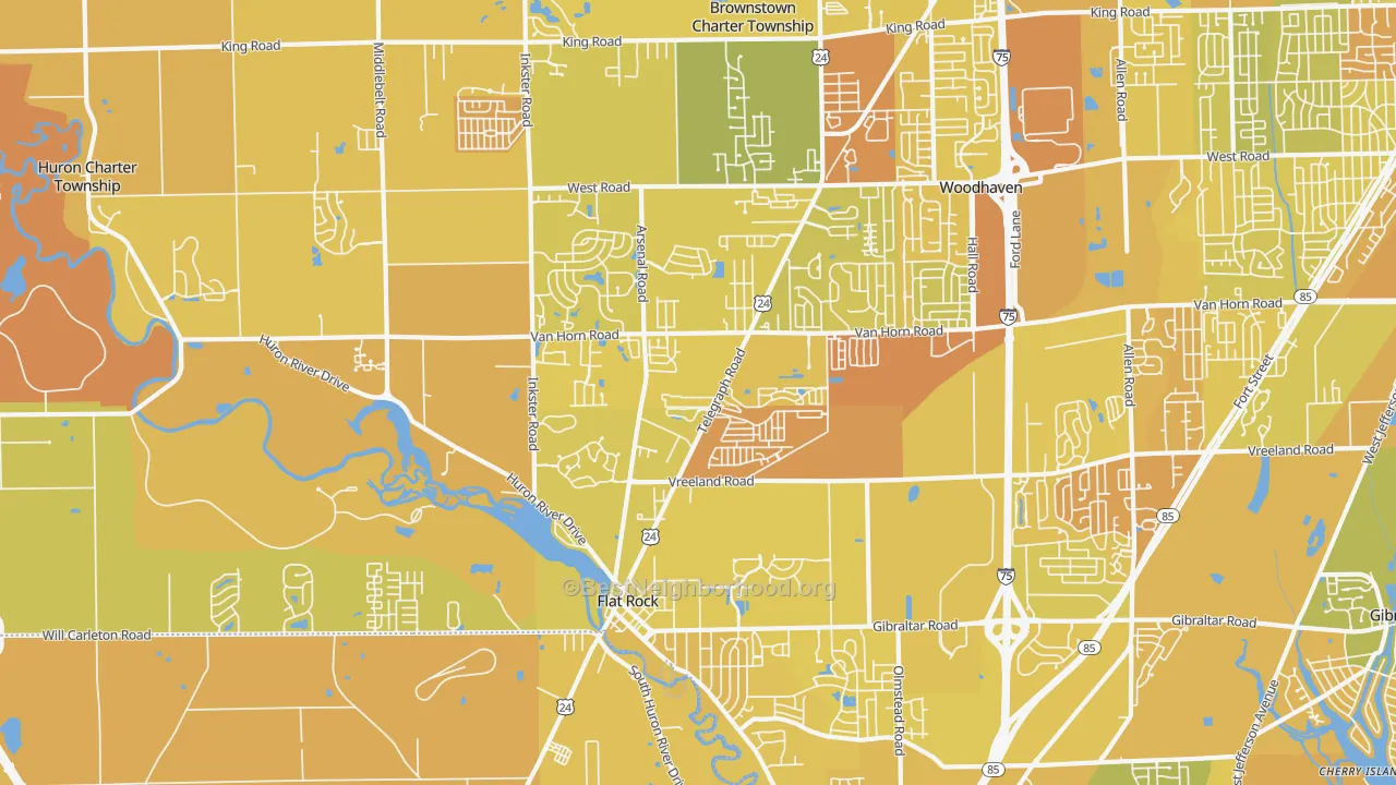 Map of the best neighborhoods in the Flat Rock Area, Flat Rock area, with better matches in green and worse matches in red