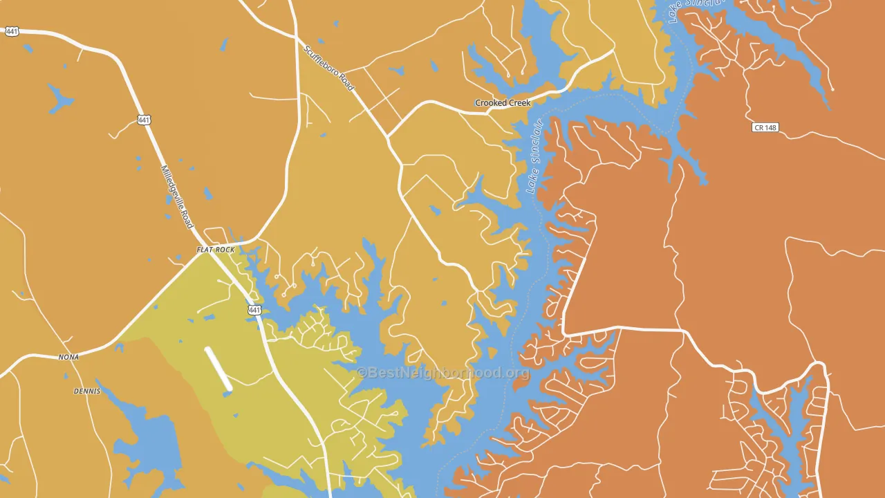 Map of the best neighborhoods in the Flat Rock area, with better matches in green and worse matches in red