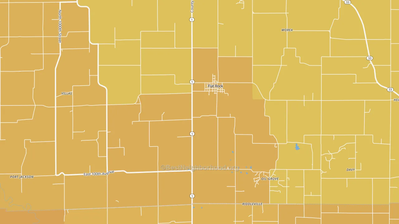 Map of the best neighborhoods in the Flat Rock area, with better matches in green and worse matches in red