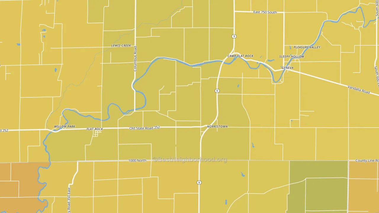 Map of the best neighborhoods in the Flat Rock area, with better matches in green and worse matches in red