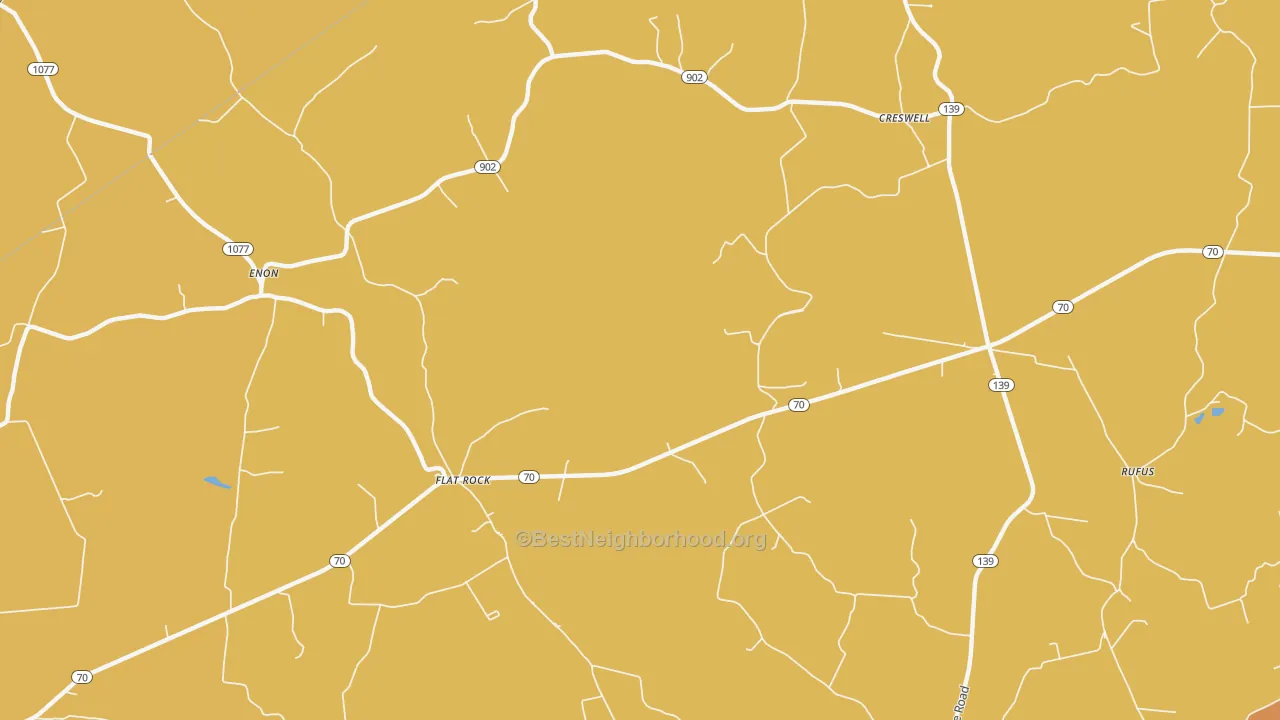 Map of the best neighborhoods in the Flat Rock area, with better matches in green and worse matches in red