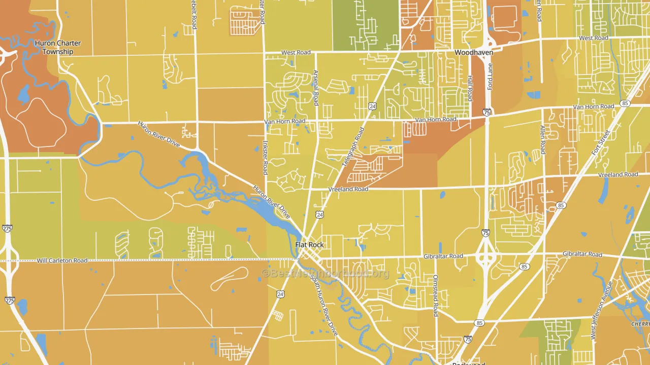 Map of the best neighborhoods in the Flat Rock area, with better matches in green and worse matches in red