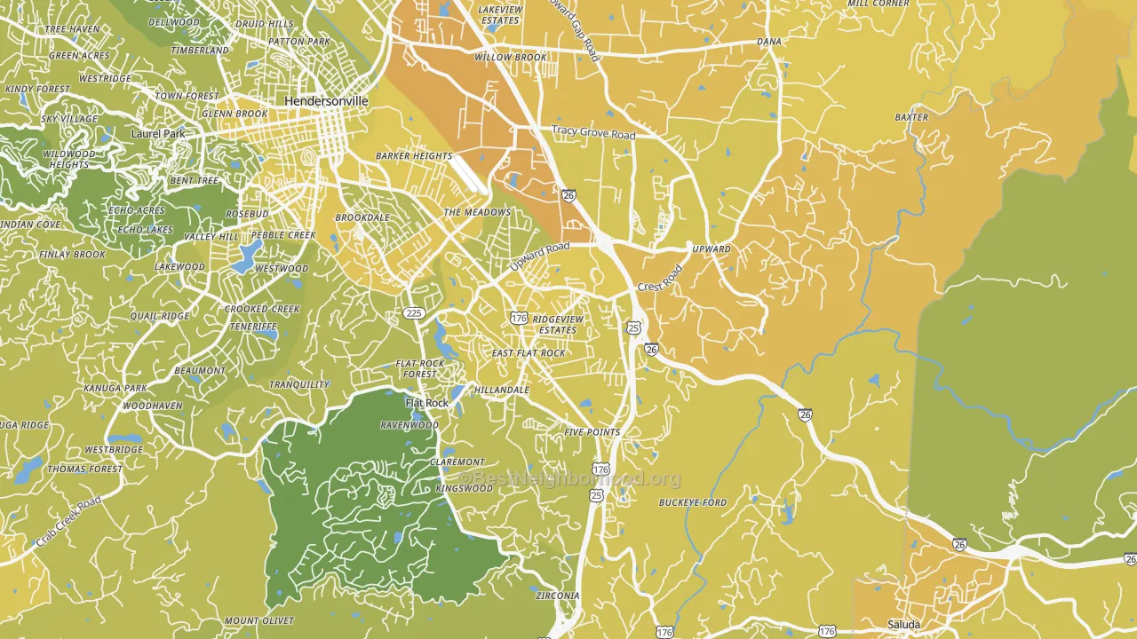 Map of the best neighborhoods in the Flat Rock area, with better matches in green and worse matches in red