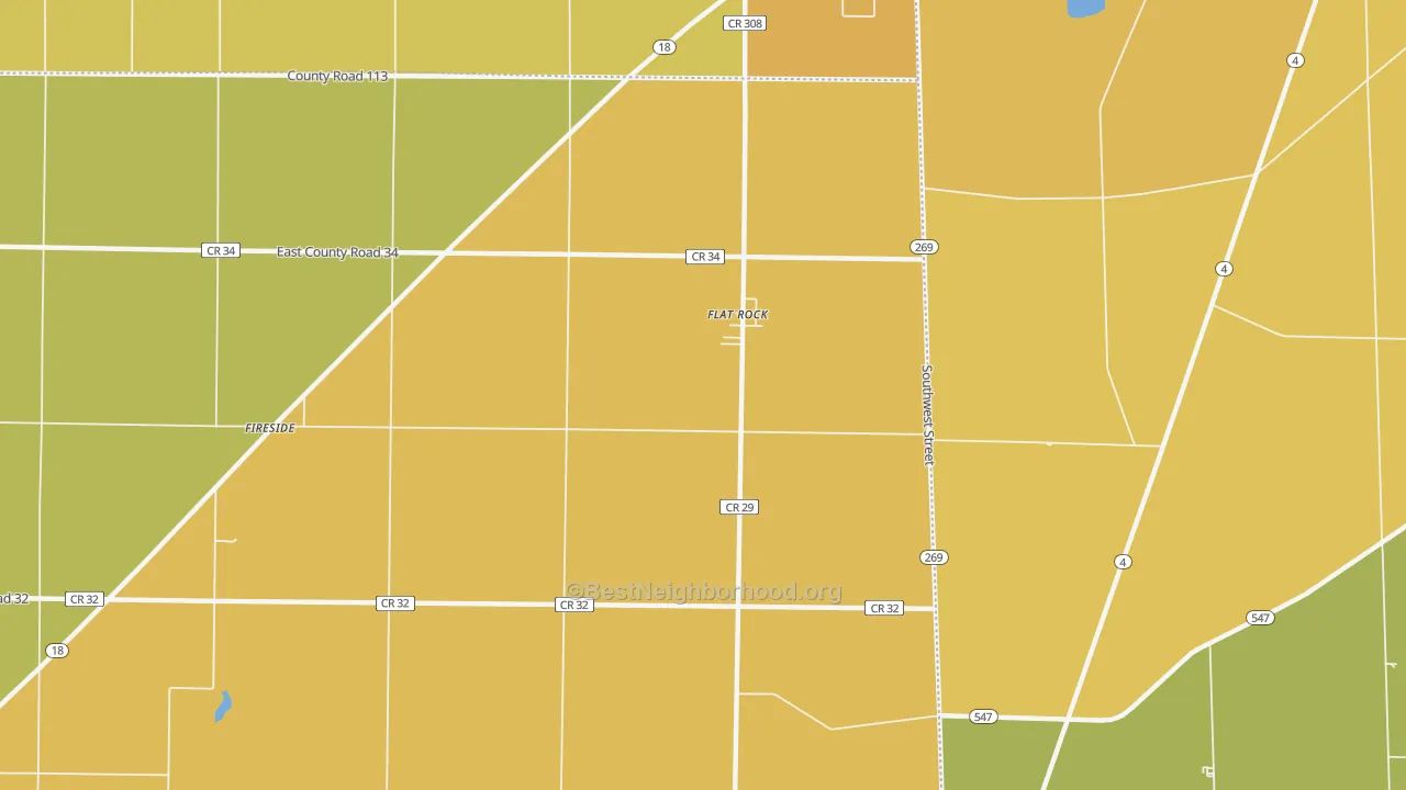 Map of the best neighborhoods in the Flat Rock area, with better matches in green and worse matches in red