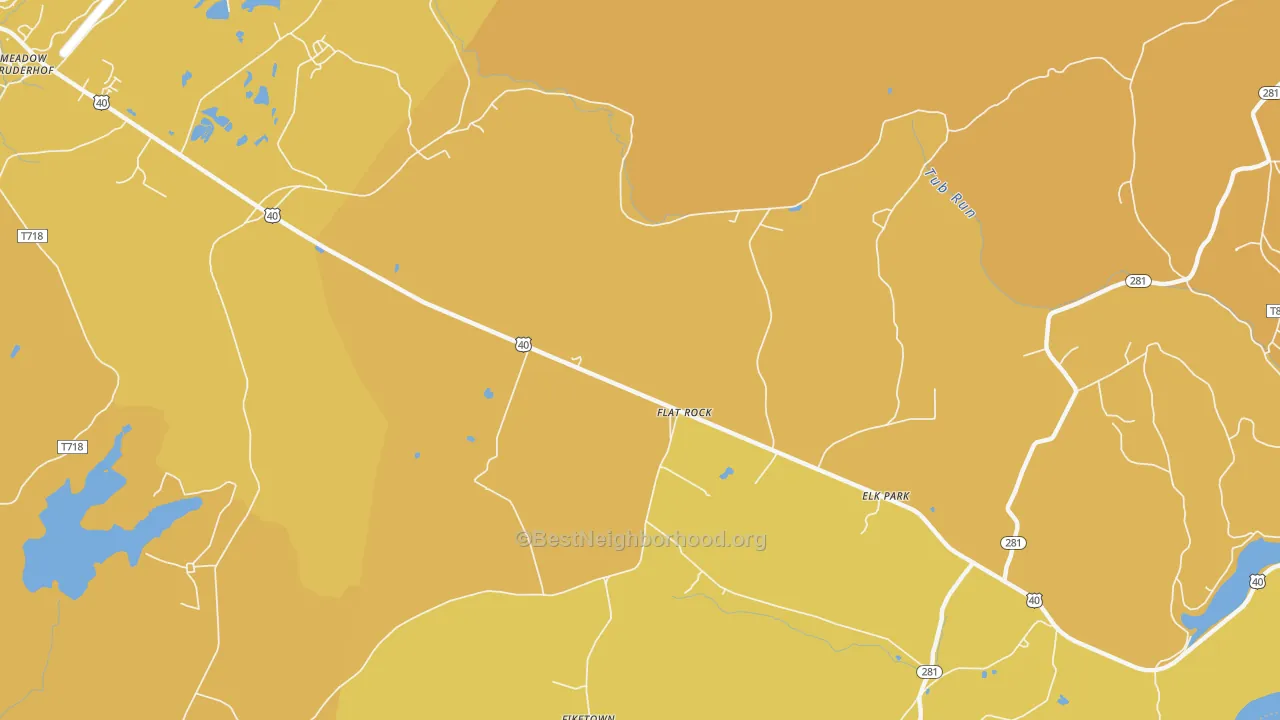 Map of the best neighborhoods in the Flat Rock area, with better matches in green and worse matches in red