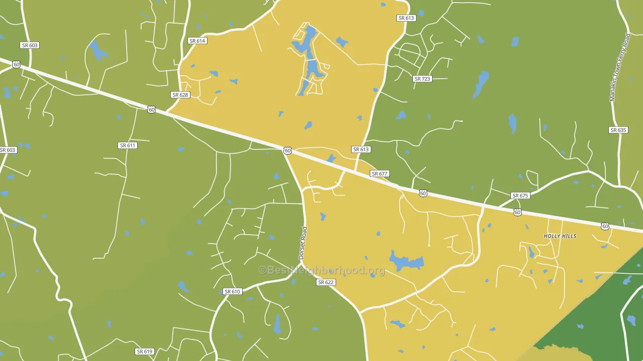 Map of the best neighborhoods in the Flat Rock area, with better matches in green and worse matches in red