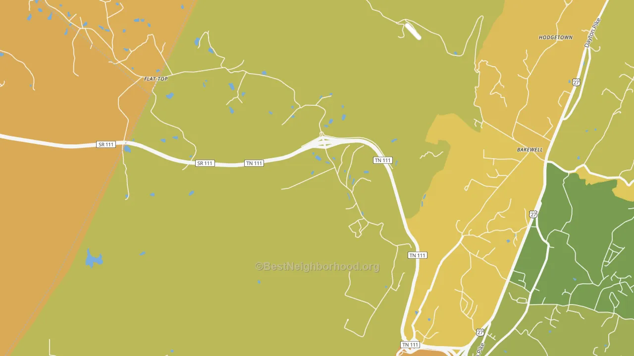 Map of the best neighborhoods in the Flat Top Mountain area, with better matches in green and worse matches in red