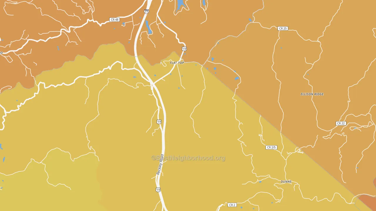 Map of the best neighborhoods in the Flat Top area, with better matches in green and worse matches in red