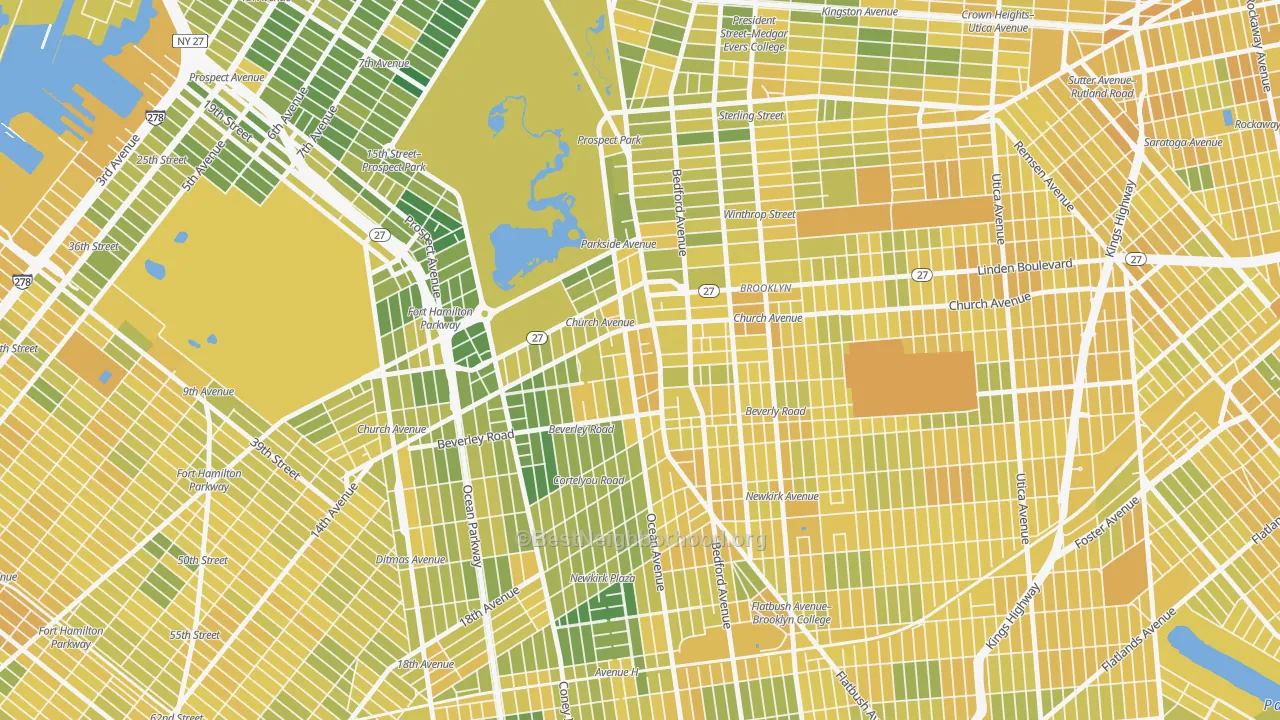 Map of the best neighborhoods in the Flatbush-Ditmas Park, Brooklyn area, with better matches in green and worse matches in red