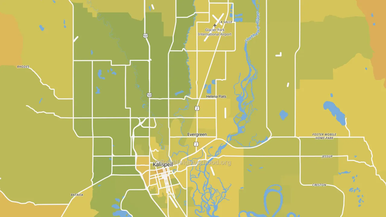 Map of the best neighborhoods in the Flathead County area, with better matches in green and worse matches in red