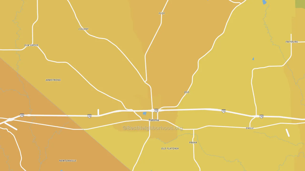 Map of the best neighborhoods in the Flatonia area, with better matches in green and worse matches in red