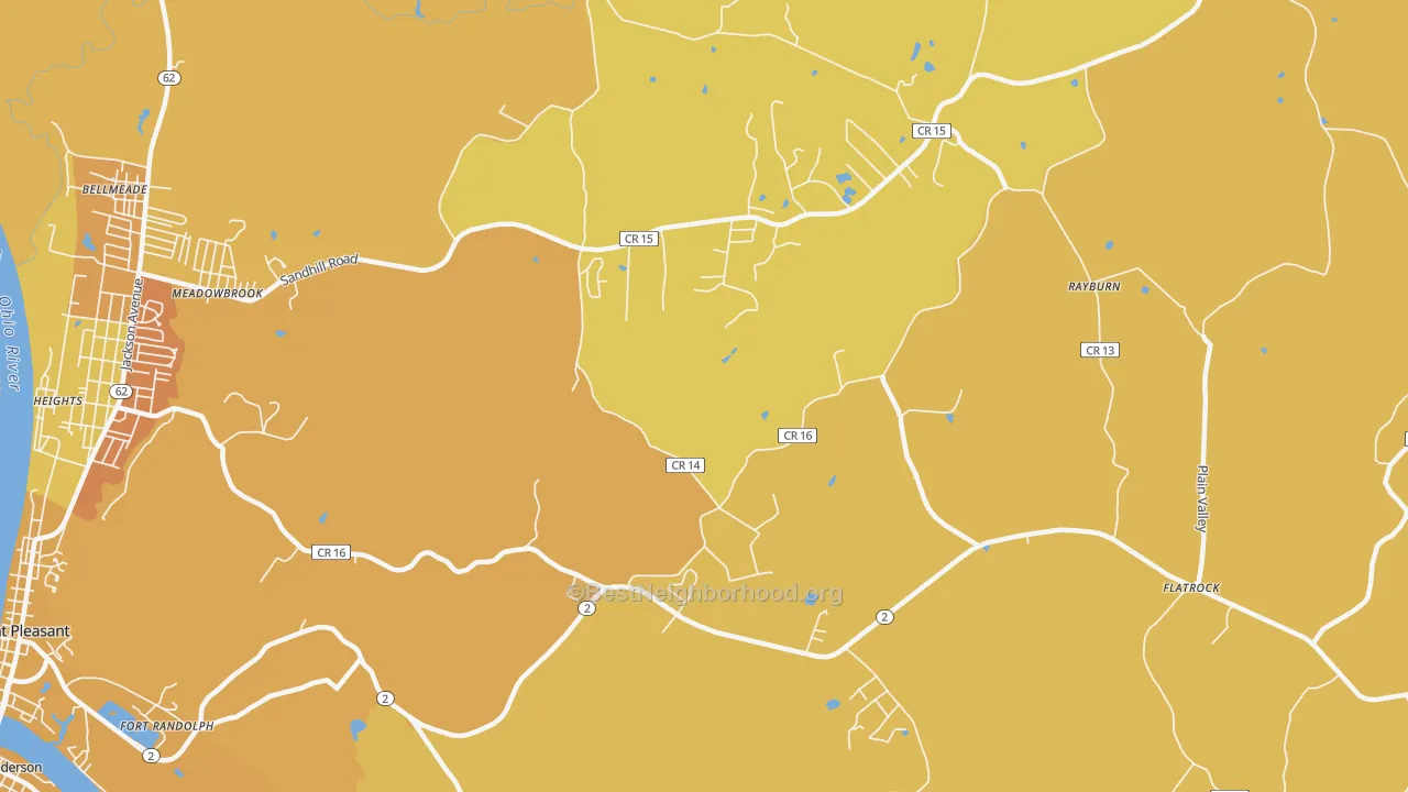 Map of the best neighborhoods in the Flatrock area, with better matches in green and worse matches in red