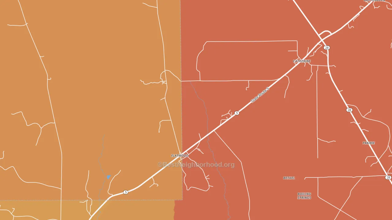 Map of the best neighborhoods in the Flatwood area, with better matches in green and worse matches in red