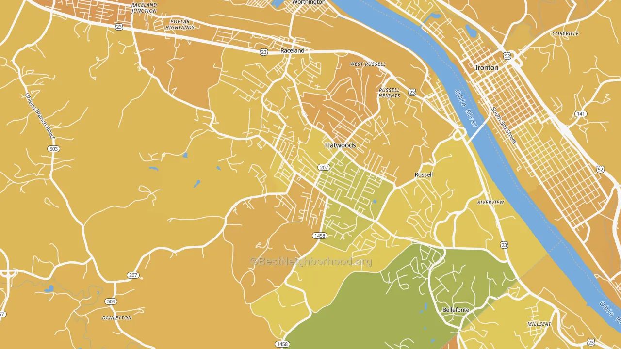 Map of the best neighborhoods in the Flatwoods area, with better matches in green and worse matches in red