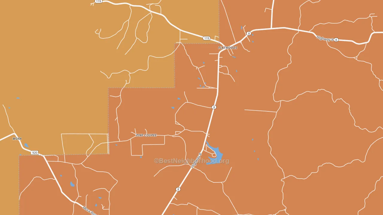 Map of the best neighborhoods in the Flatwoods area, with better matches in green and worse matches in red