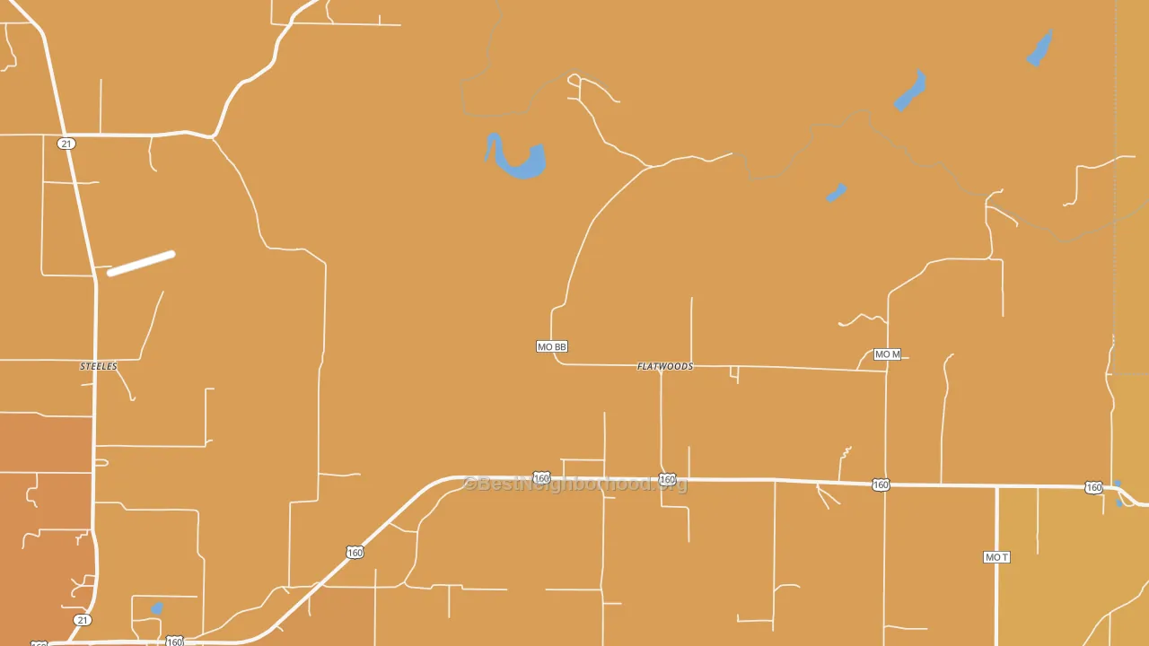 Map of the best neighborhoods in the Flatwoods area, with better matches in green and worse matches in red