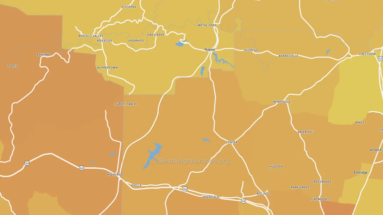 Map of the best neighborhoods in the Flatwoods area, with better matches in green and worse matches in red