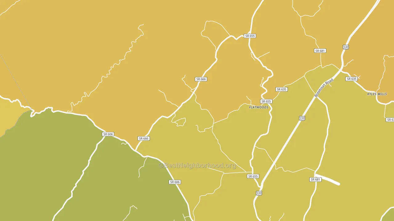 Map of the best neighborhoods in the Flatwoods area, with better matches in green and worse matches in red