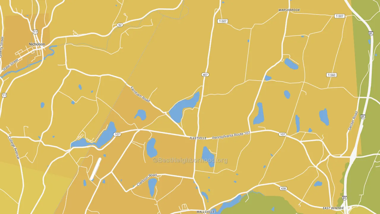 Map of the best neighborhoods in the Fleetville area, with better matches in green and worse matches in red