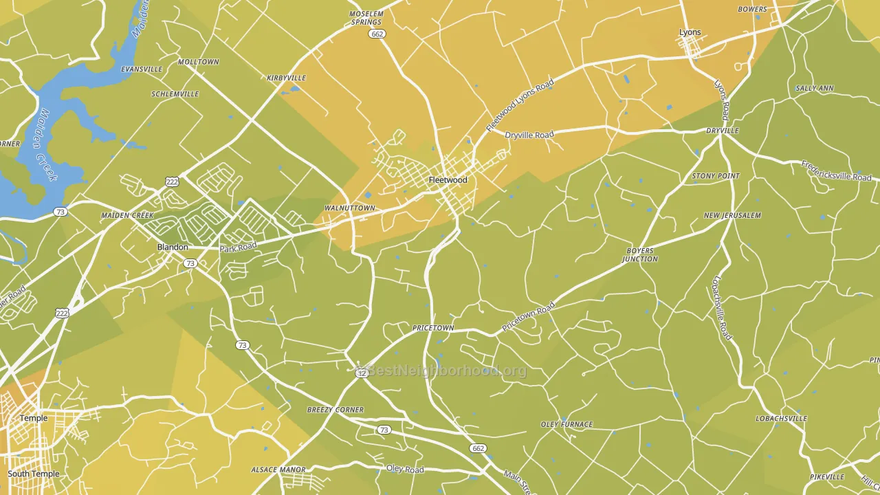 Map of the best neighborhoods in the Fleetwood area, with better matches in green and worse matches in red