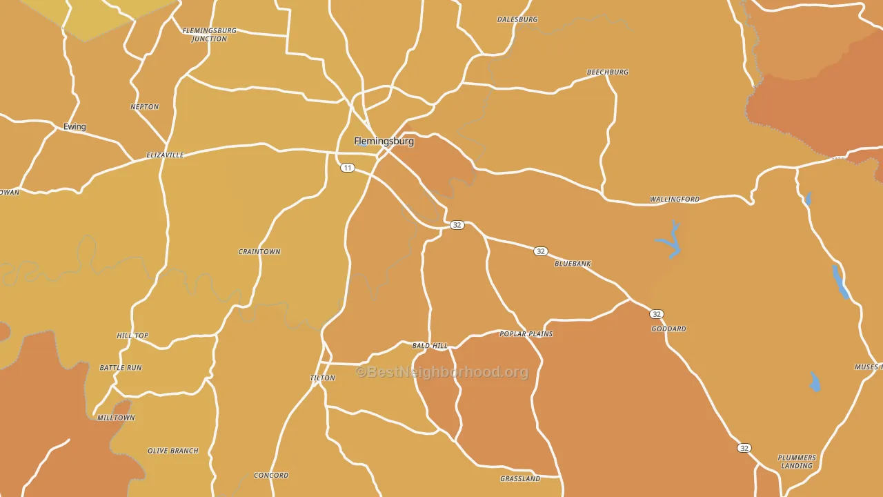 Map of the best neighborhoods in the Fleming County area, with better matches in green and worse matches in red