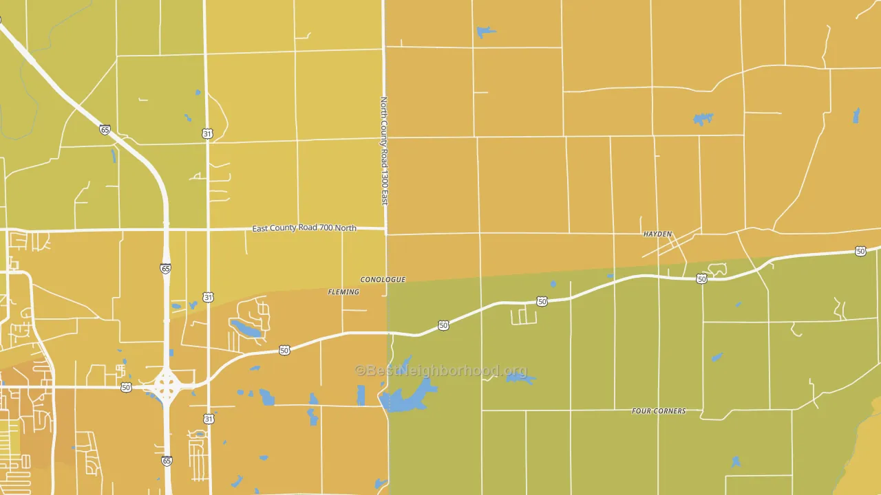 Map of the best neighborhoods in the Fleming area, with better matches in green and worse matches in red