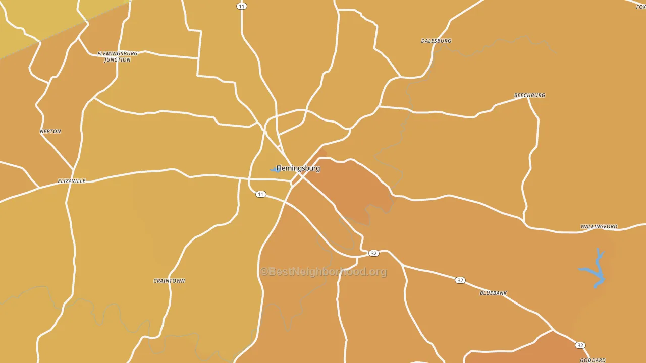 Map of the best neighborhoods in the Flemingsburg area, with better matches in green and worse matches in red