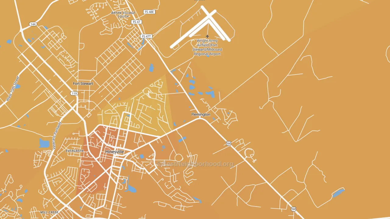 Map of the best neighborhoods in the Flemington area, with better matches in green and worse matches in red