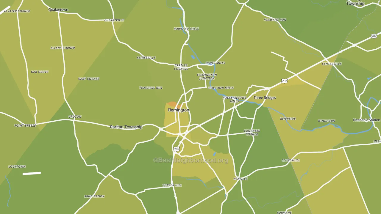 Map of the best neighborhoods in the Flemington area, with better matches in green and worse matches in red