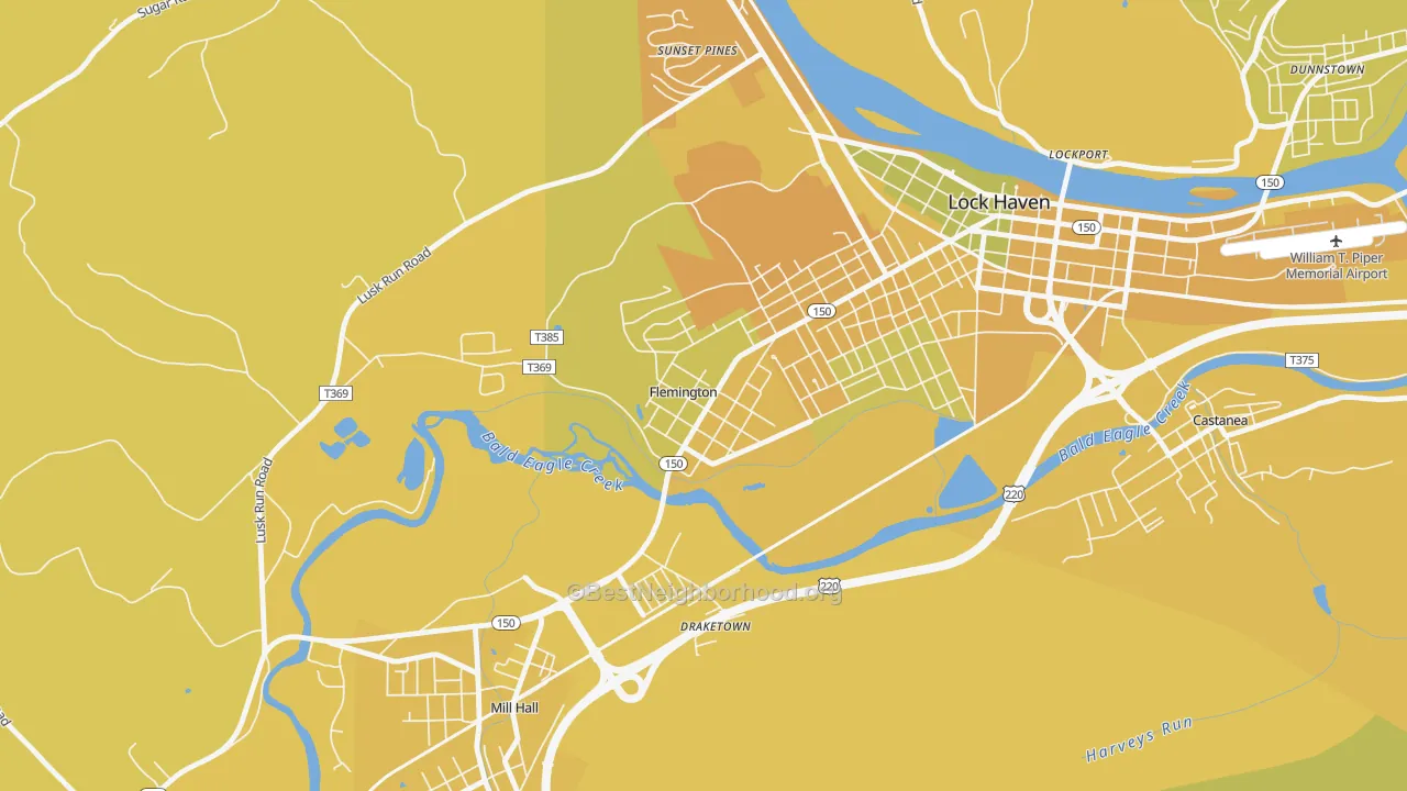 Map of the best neighborhoods in the Flemington area, with better matches in green and worse matches in red