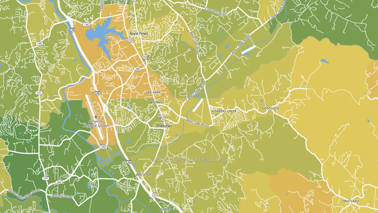 Map of the best neighborhoods in the Fletcher area, with better matches in green and worse matches in red