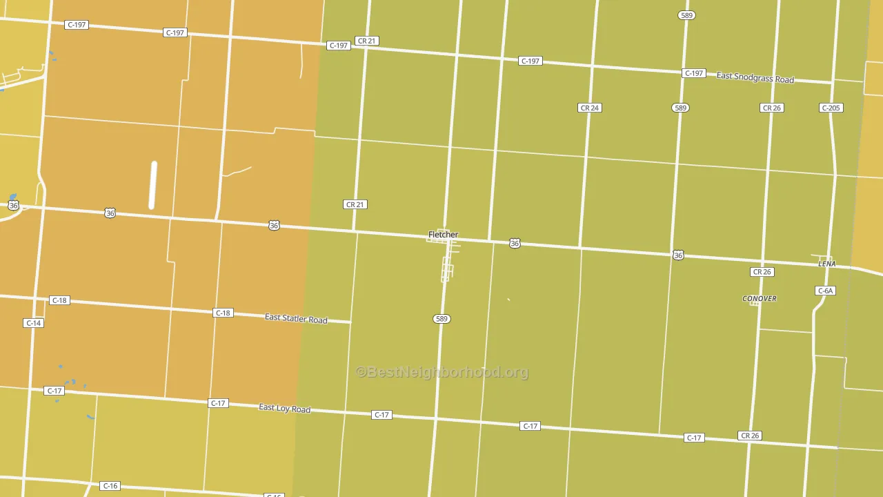 Map of the best neighborhoods in the Fletcher area, with better matches in green and worse matches in red