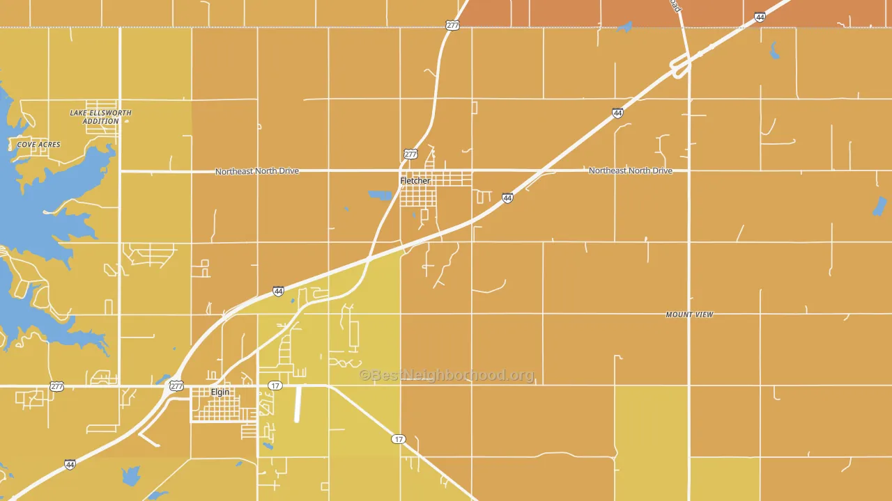 Map of the best neighborhoods in the Fletcher area, with better matches in green and worse matches in red