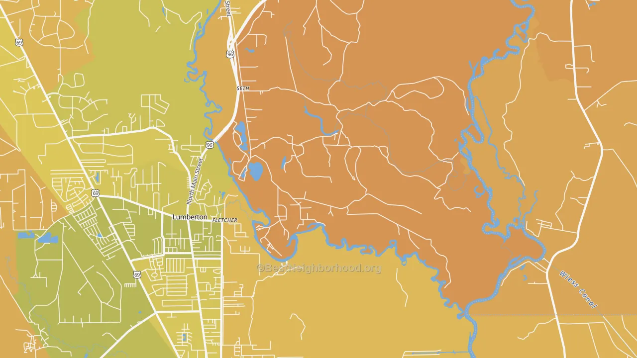Map of the best neighborhoods in the Fletcher area, with better matches in green and worse matches in red