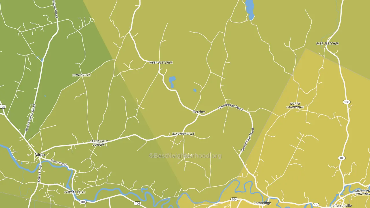 Map of the best neighborhoods in the Fletcher area, with better matches in green and worse matches in red