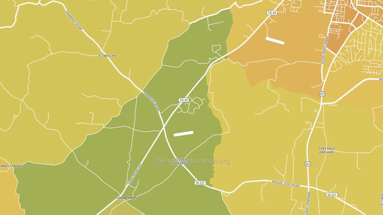Map of the best neighborhoods in the Flewellyn area, with better matches in green and worse matches in red