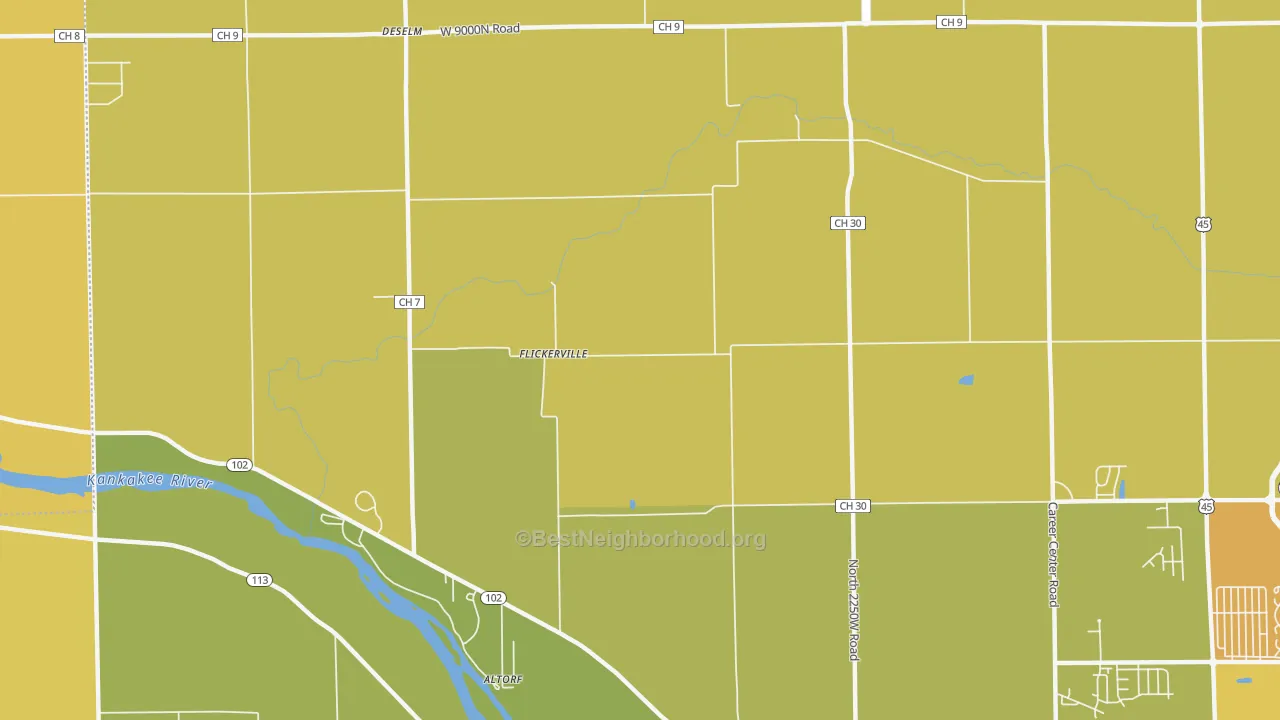 Map of the best neighborhoods in the Flickerville area, with better matches in green and worse matches in red