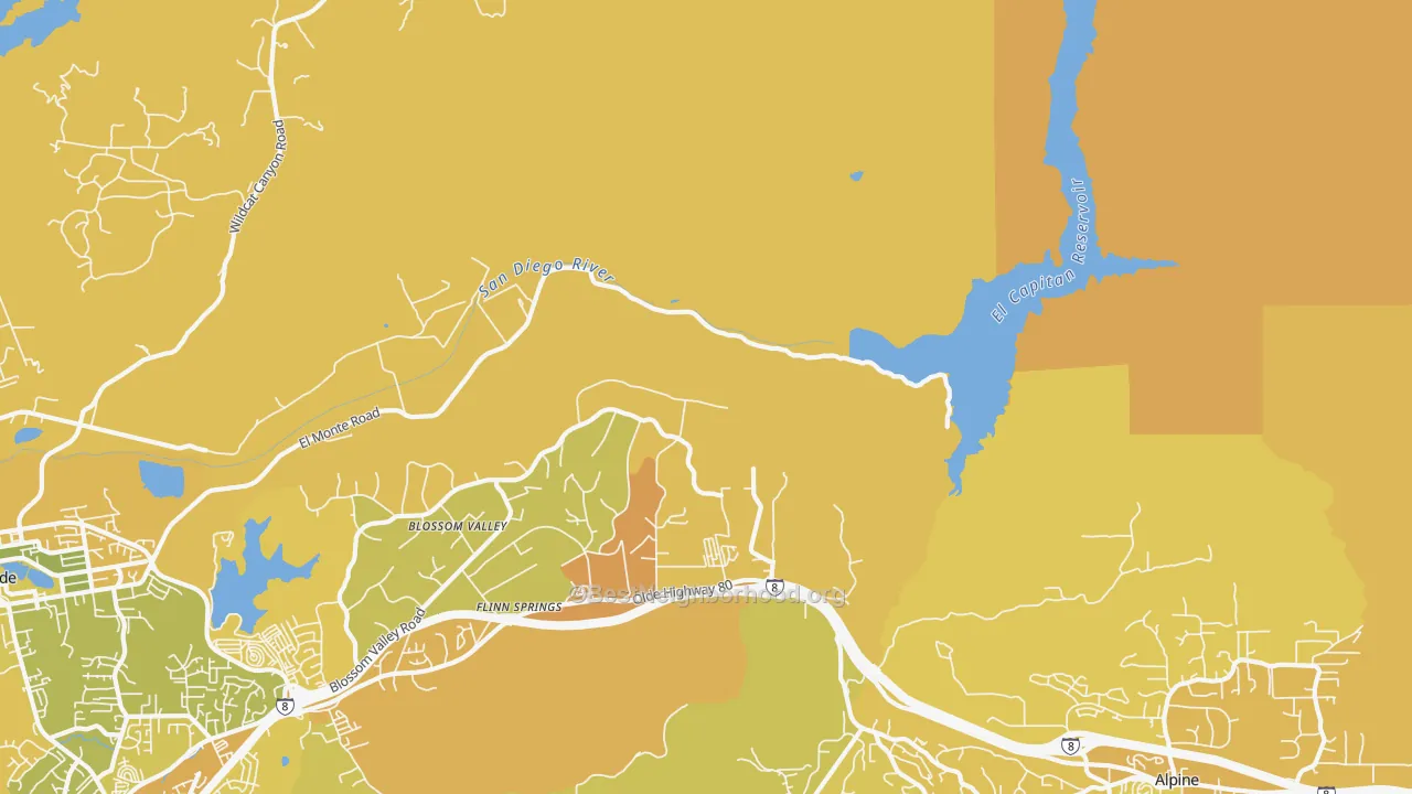 Map of the best neighborhoods in the Flinn Springs area, with better matches in green and worse matches in red