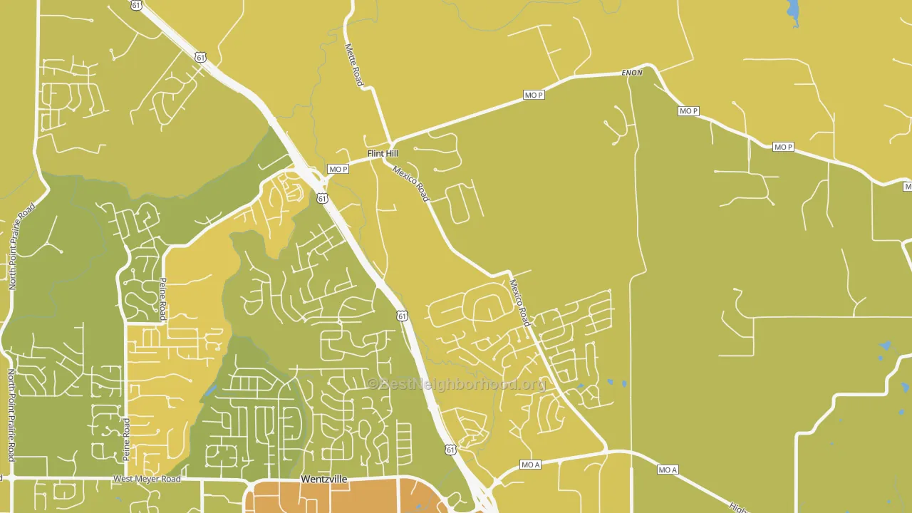 Map of the best neighborhoods in the Flint Hill area, with better matches in green and worse matches in red