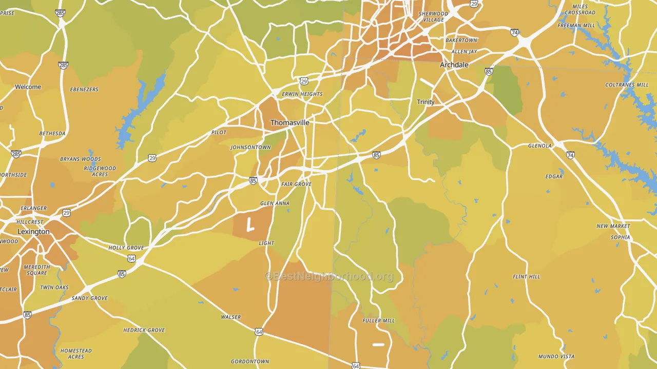 Map of the best neighborhoods in the Flint Hill area, with better matches in green and worse matches in red