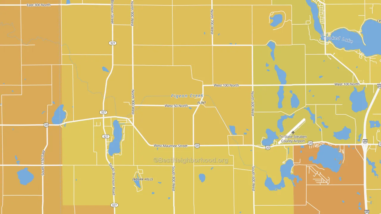 Map of the best neighborhoods in the Flint area, with better matches in green and worse matches in red
