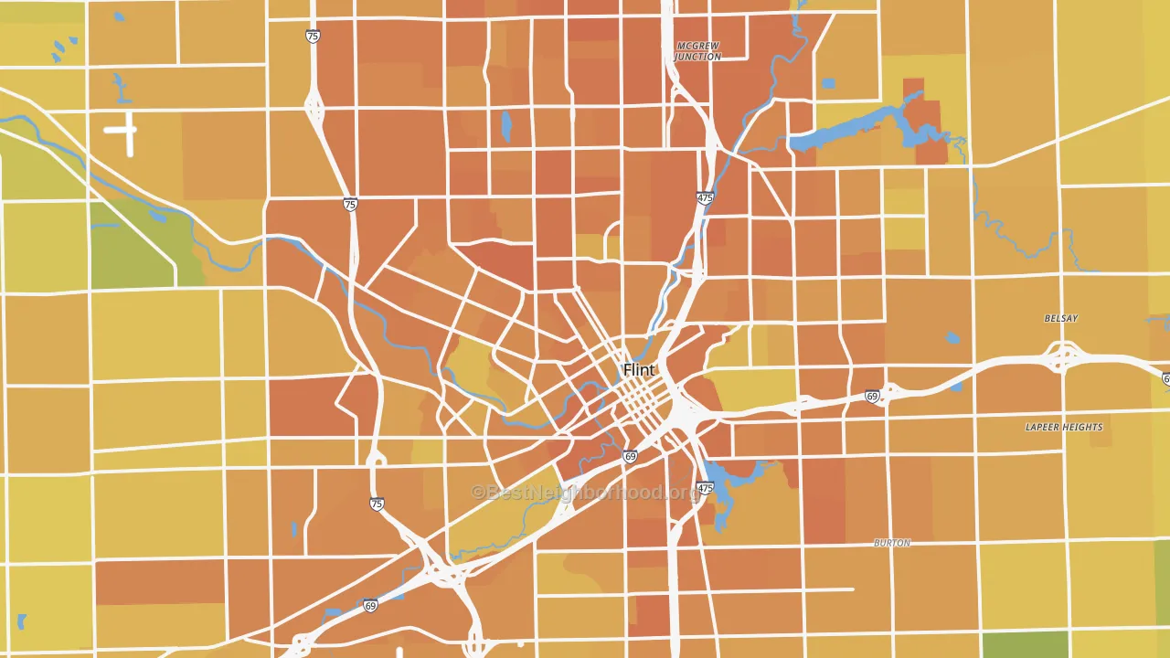 Map of the best neighborhoods in the Flint Metro area, with better matches in green and worse matches in red