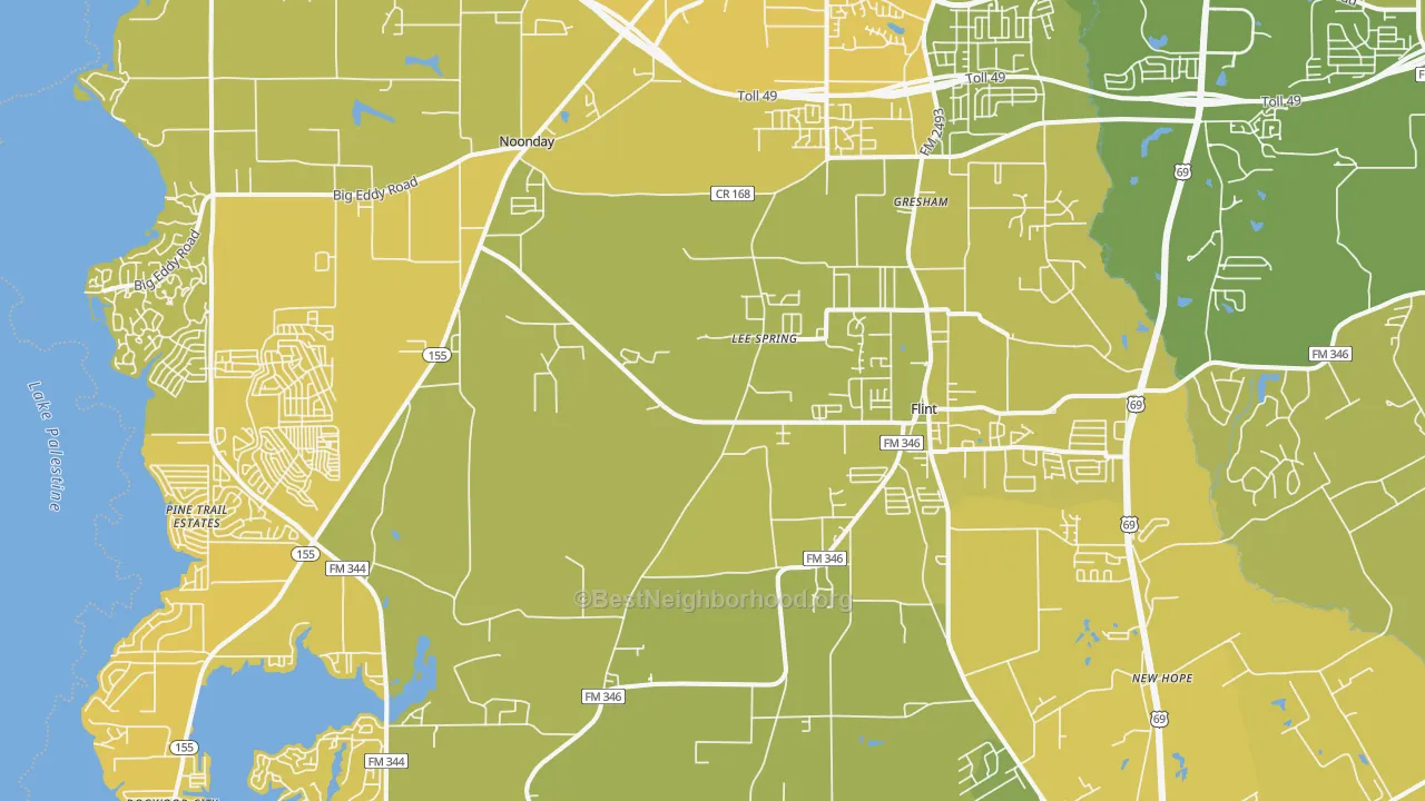 Map of the best neighborhoods in the Flint area, with better matches in green and worse matches in red