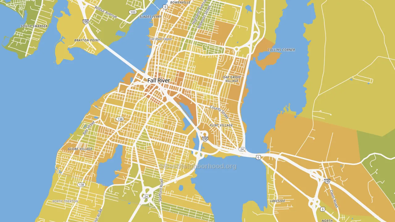 Map of the best neighborhoods in the Flint Village, Fall River area, with better matches in green and worse matches in red