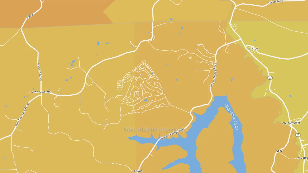 Map of the best neighborhoods in the Flinton area, with better matches in green and worse matches in red