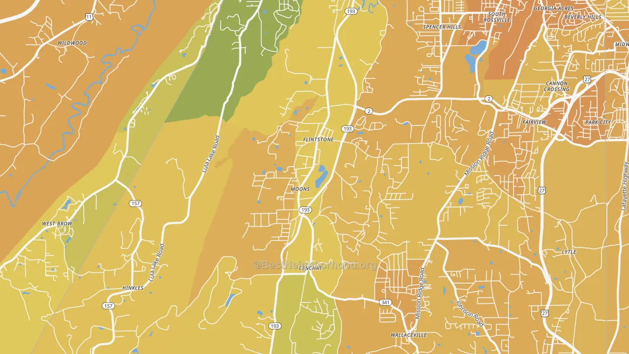Map of the best neighborhoods in the Flintstone area, with better matches in green and worse matches in red