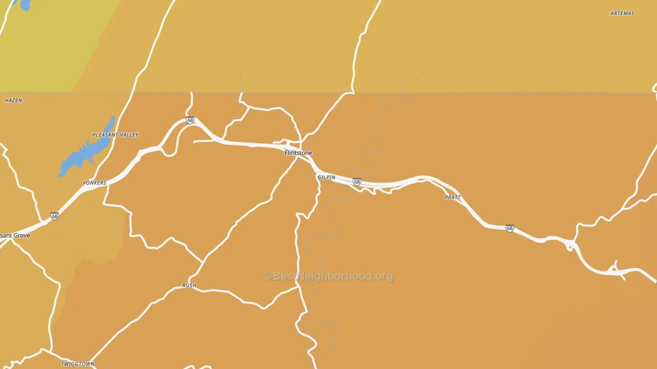 Map of the best neighborhoods in the Flintstone area, with better matches in green and worse matches in red