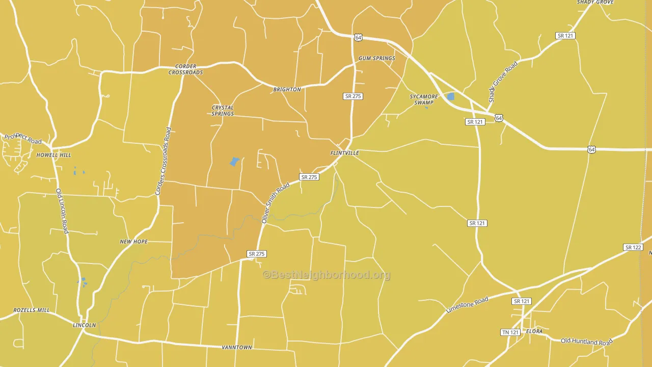 Map of the best neighborhoods in the Flintville area, with better matches in green and worse matches in red